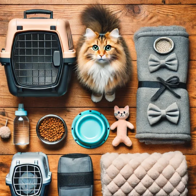 A flat lay of essential cat travel items: carrier, bowls, blanket, and toys.