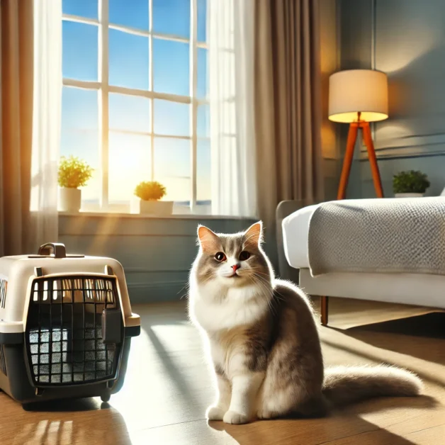 A happy cat sitting by a sunny hotel window, radiating comfort.