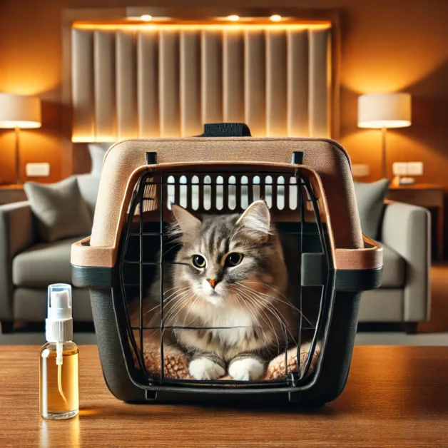 A calm cat sitting in its travel carrier with a calming pheromone spray nearby.